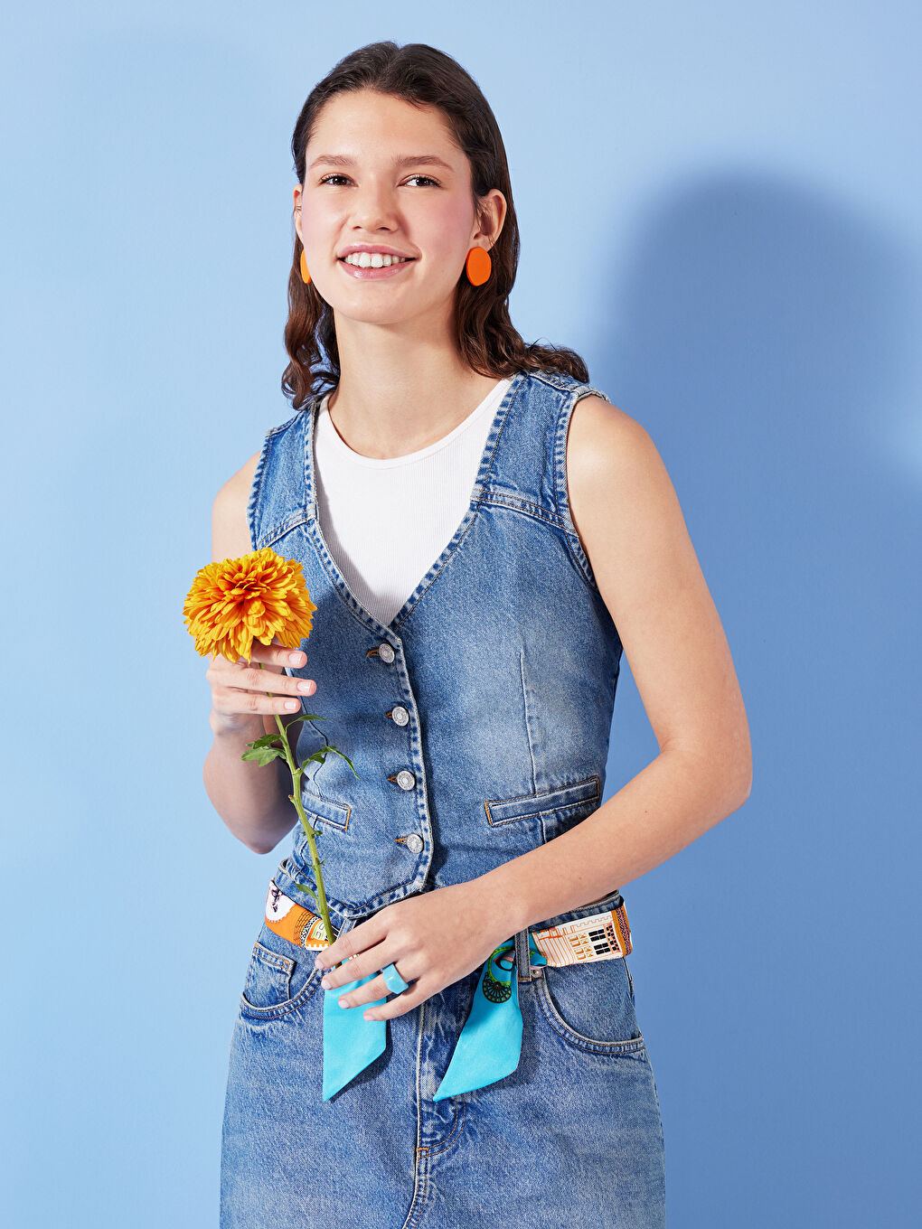 Women's V-Neck Plain Jean Vest -S4JE78Z8-507