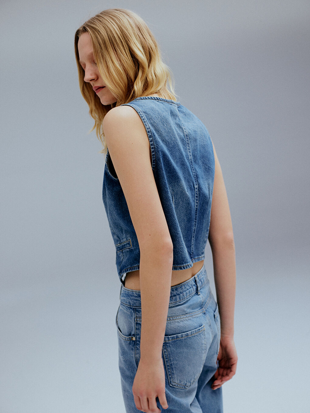 Women's V-Neck Plain Jean Vest -S4JE78Z8-507