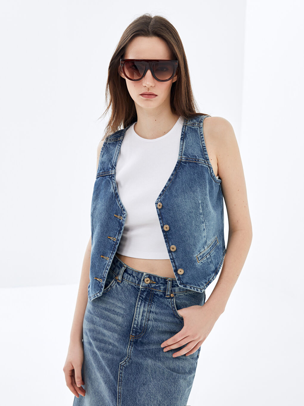 Women's V-Neck Plain Jean Vest -S4JE78Z8-507