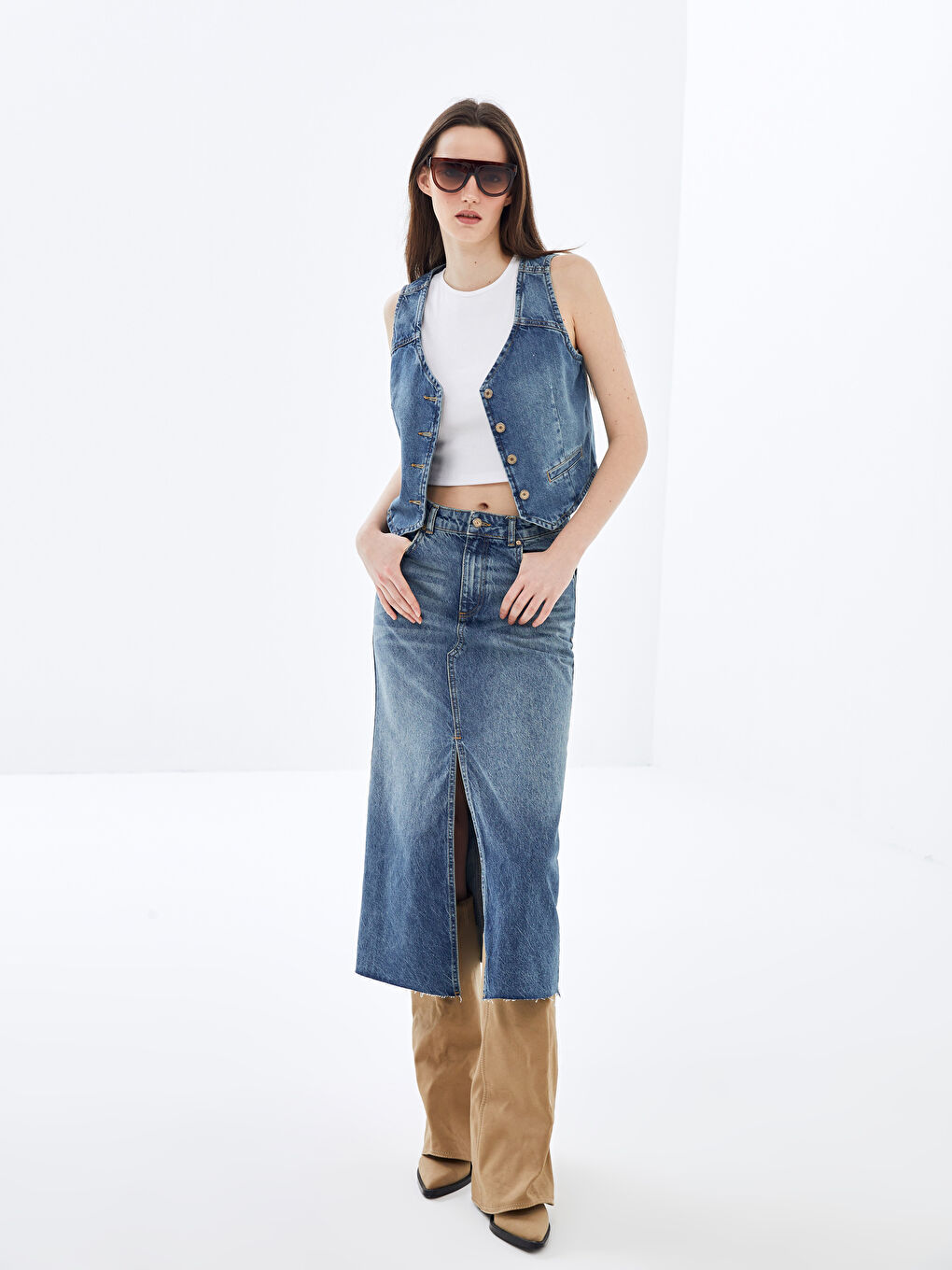 Women's V-Neck Plain Jean Vest -S4JE78Z8-507