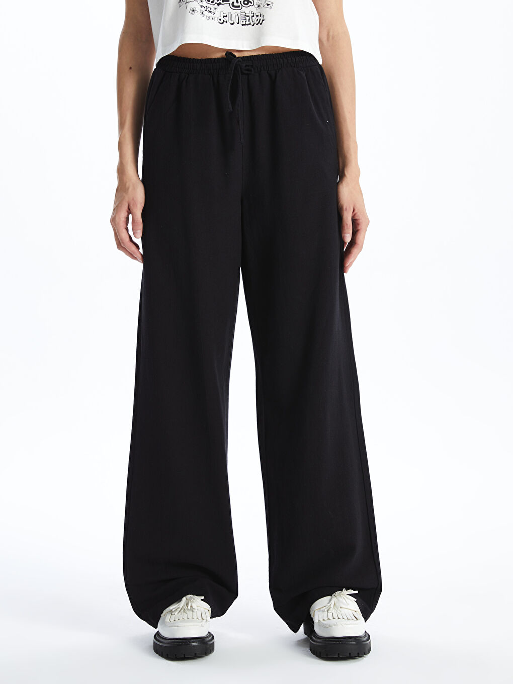Elasticated Waist Plain Linen Blend Women's Trousers -S4JE81Z8-CVL