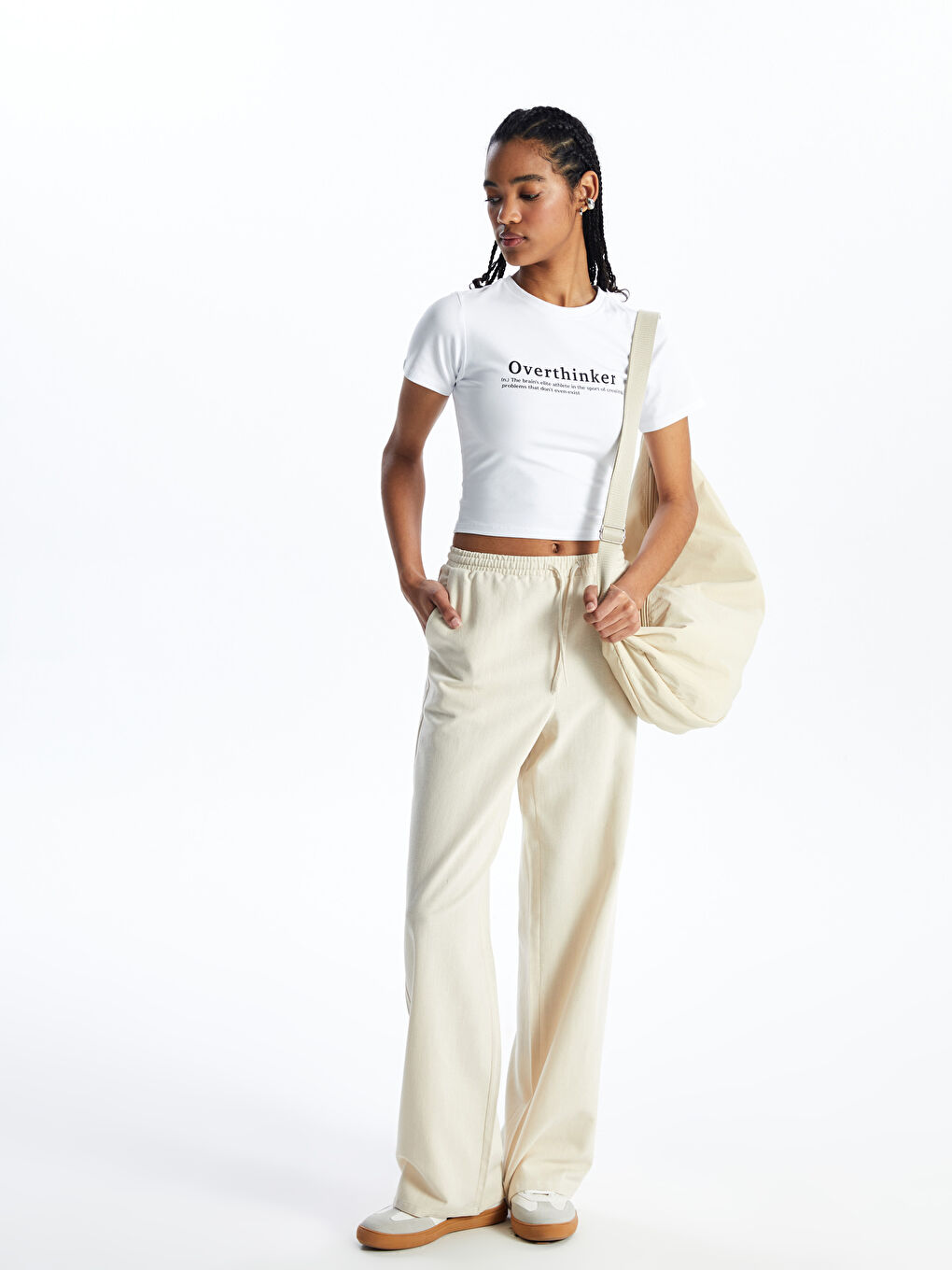 Bej Beli Lastikli Düz Keten Karışımlı Kadın Pantolon