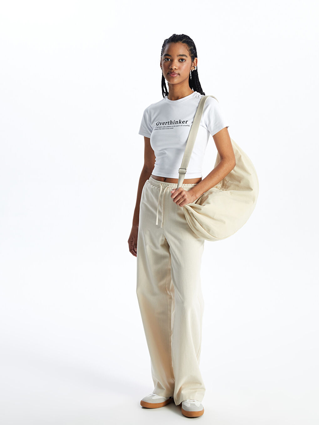 Bej Beli Lastikli Düz Keten Karışımlı Kadın Pantolon-1