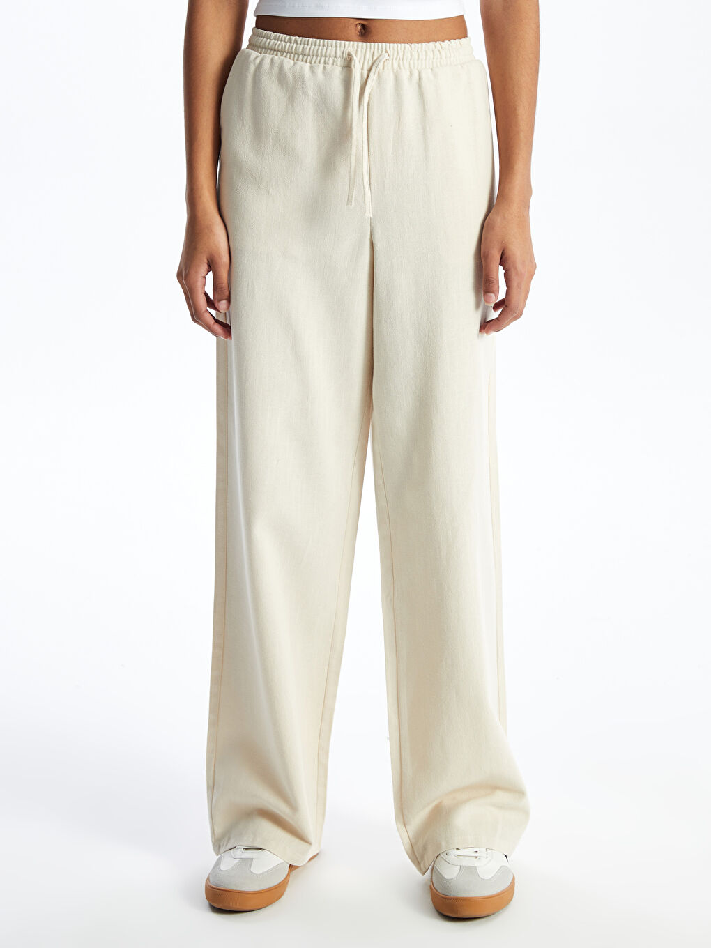 Bej Beli Lastikli Düz Keten Karışımlı Kadın Pantolon-2