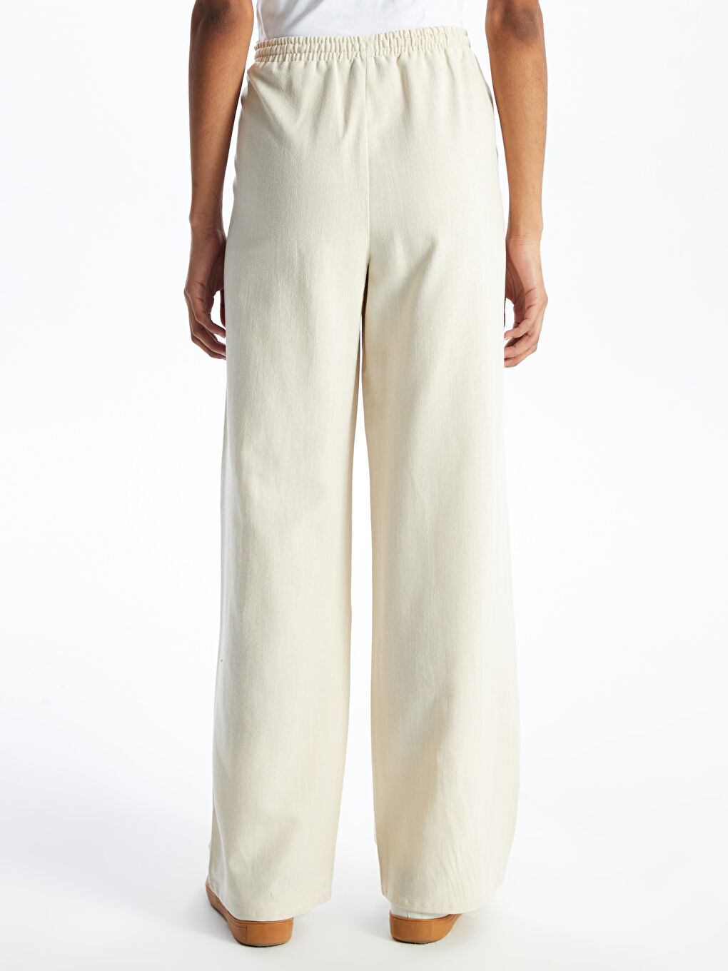 Bej Beli Lastikli Düz Keten Karışımlı Kadın Pantolon-4