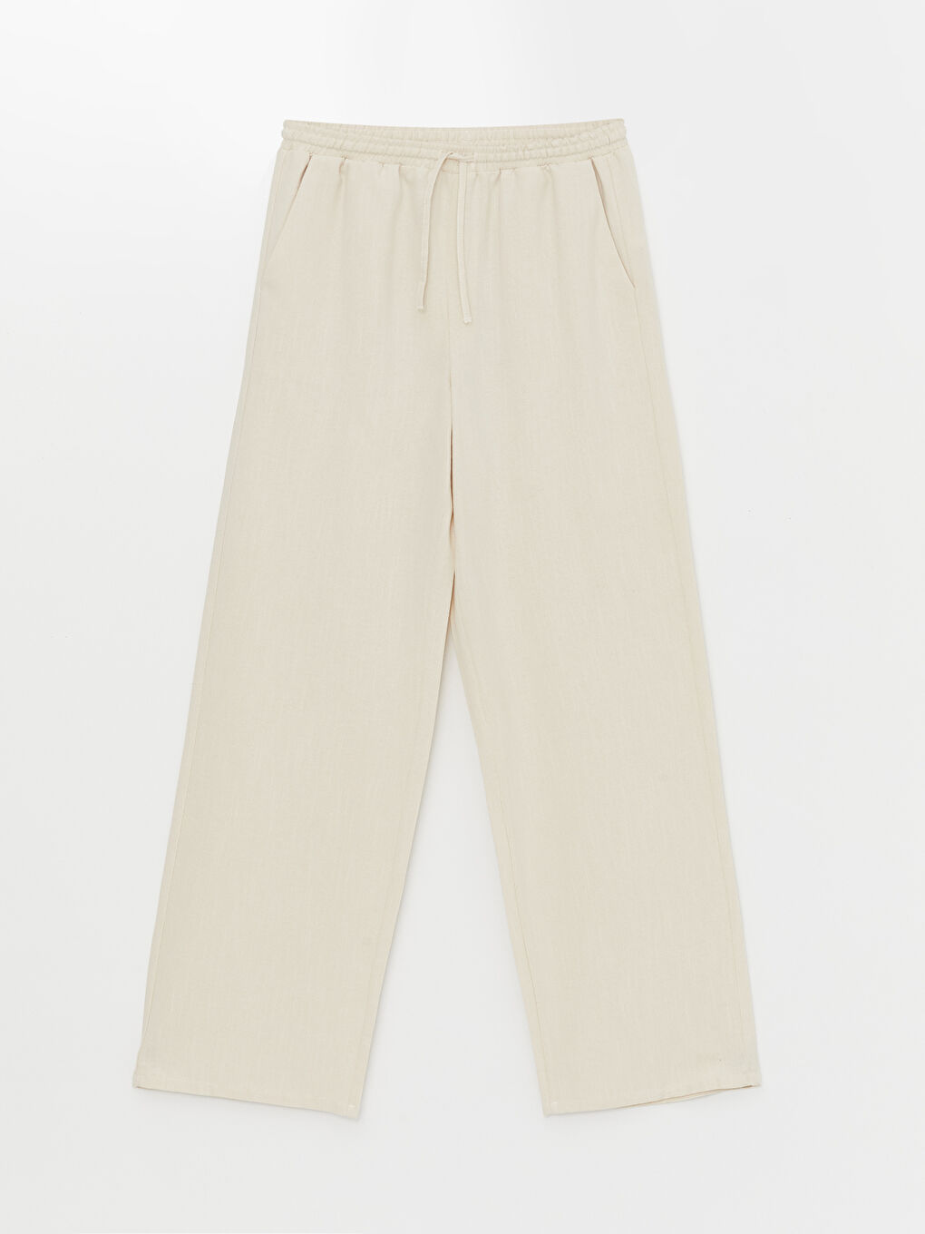 Bej Beli Lastikli Düz Keten Karışımlı Kadın Pantolon-5