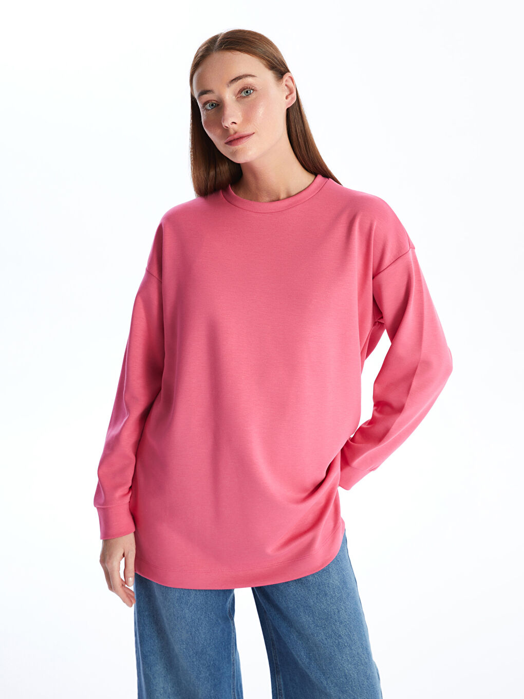 LCWAIKIKI Classic Orta Pembe Bisiklet Yaka Düz Oversize Kadın Sweatshirt Tunik