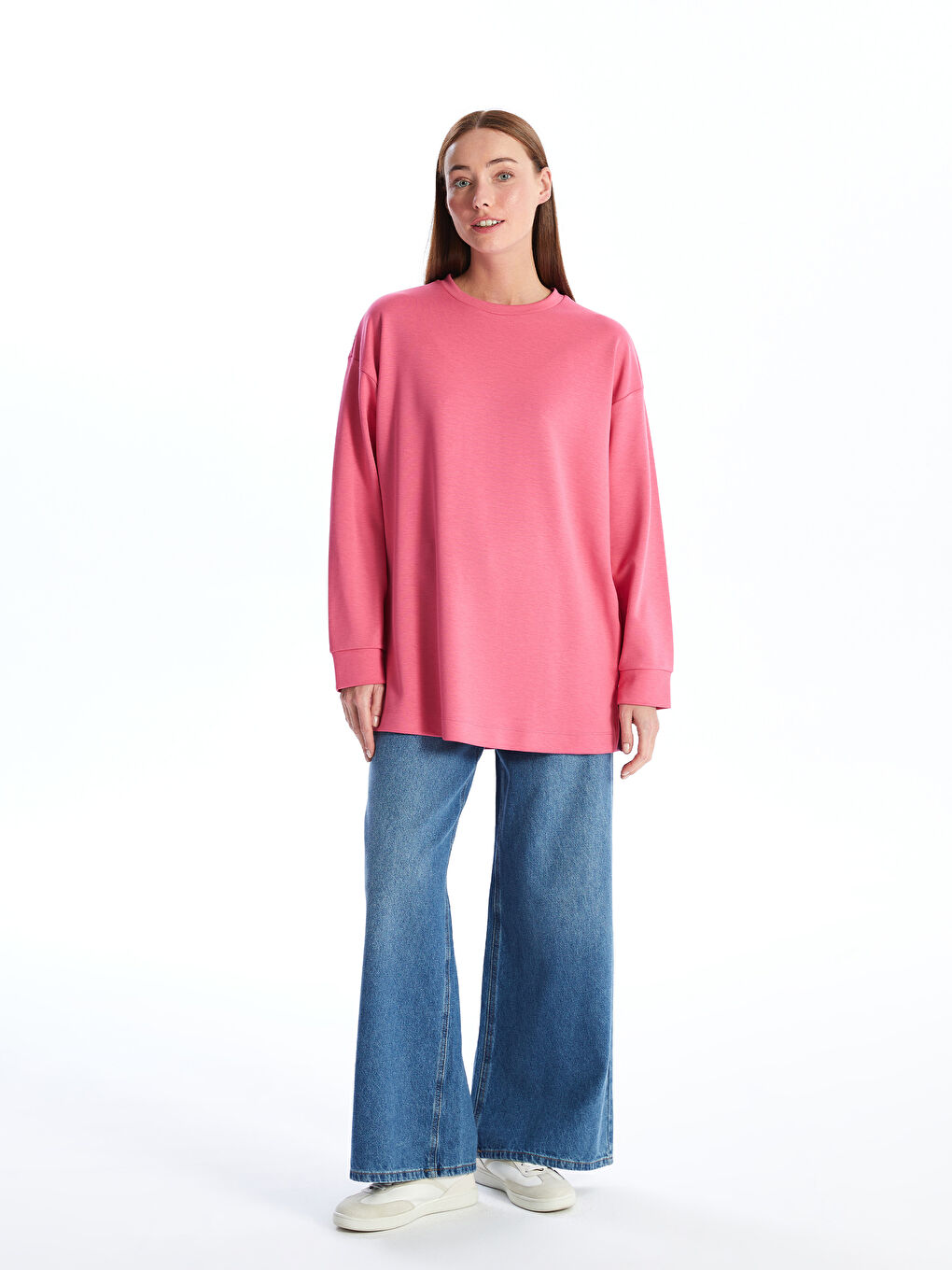 LCWAIKIKI Classic Orta Pembe Bisiklet Yaka Düz Oversize Kadın Sweatshirt Tunik - 2