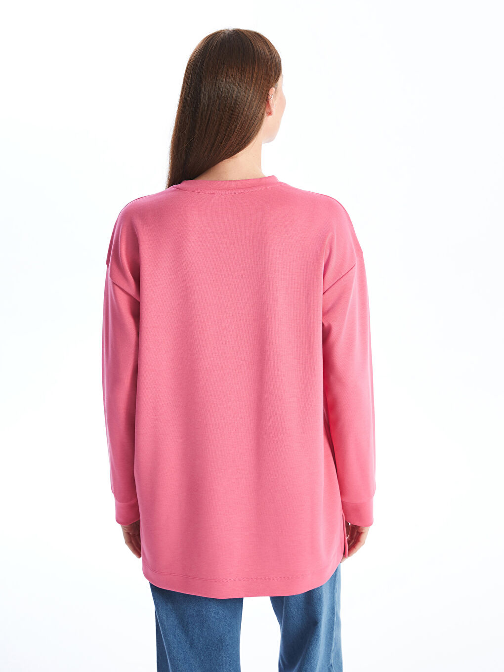 LCWAIKIKI Classic Orta Pembe Bisiklet Yaka Düz Oversize Kadın Sweatshirt Tunik - 4