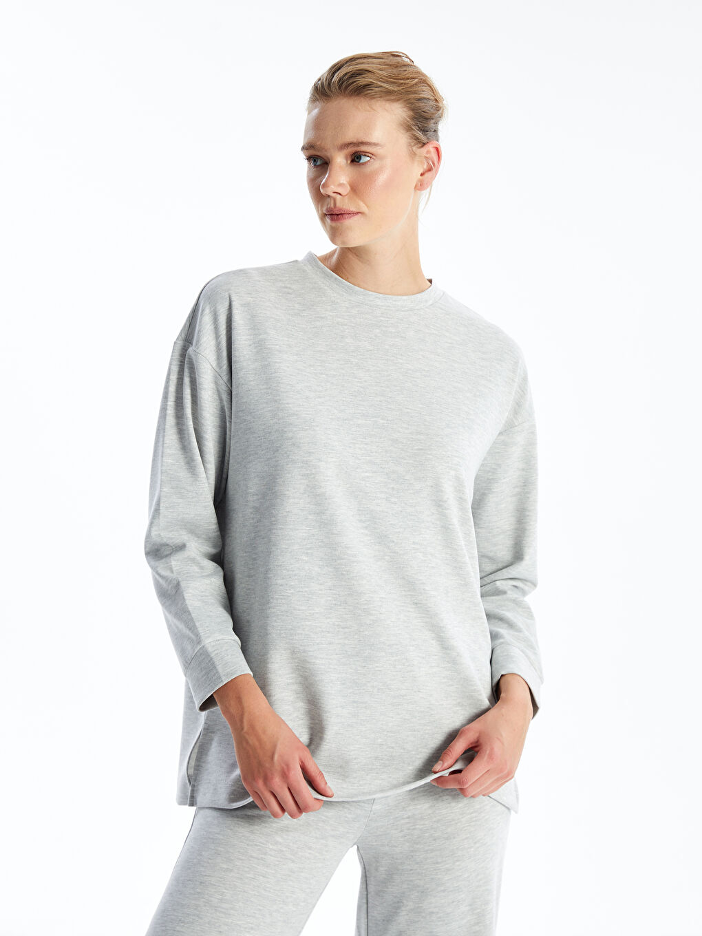 LCWAIKIKI Classic Gri Melanj Bisiklet Yaka Düz Oversize Kadın Sweatshirt Tunik