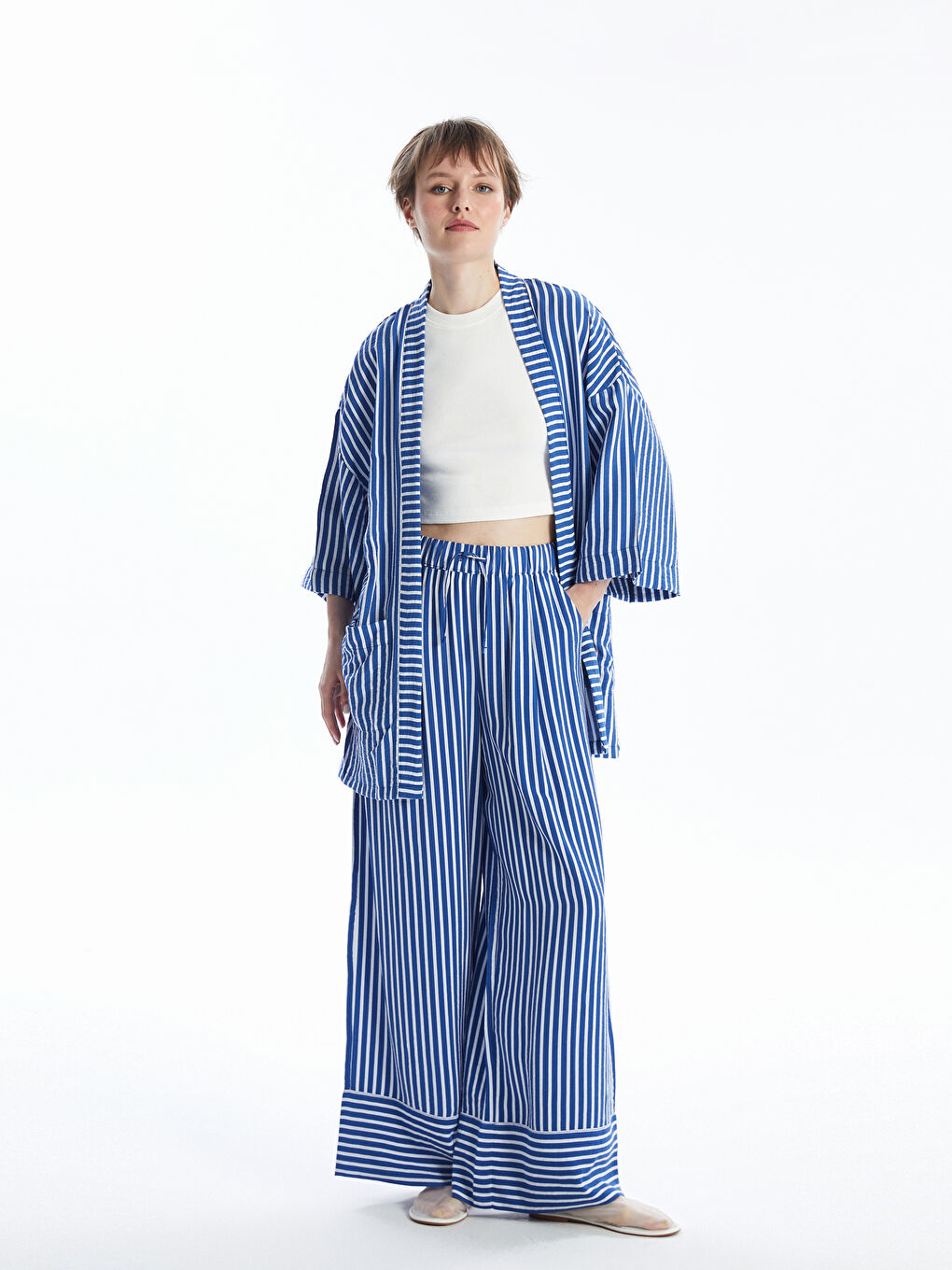 LCW Vision Elasticated Waist Striped Wide Leg Women's Trousers -S4JF18Z8-LEN