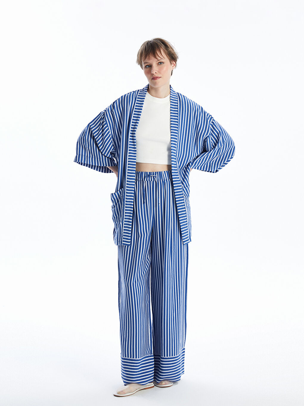 LCW Vision Elasticated Waist Striped Wide Leg Women's Trousers -S4JF18Z8-LEN