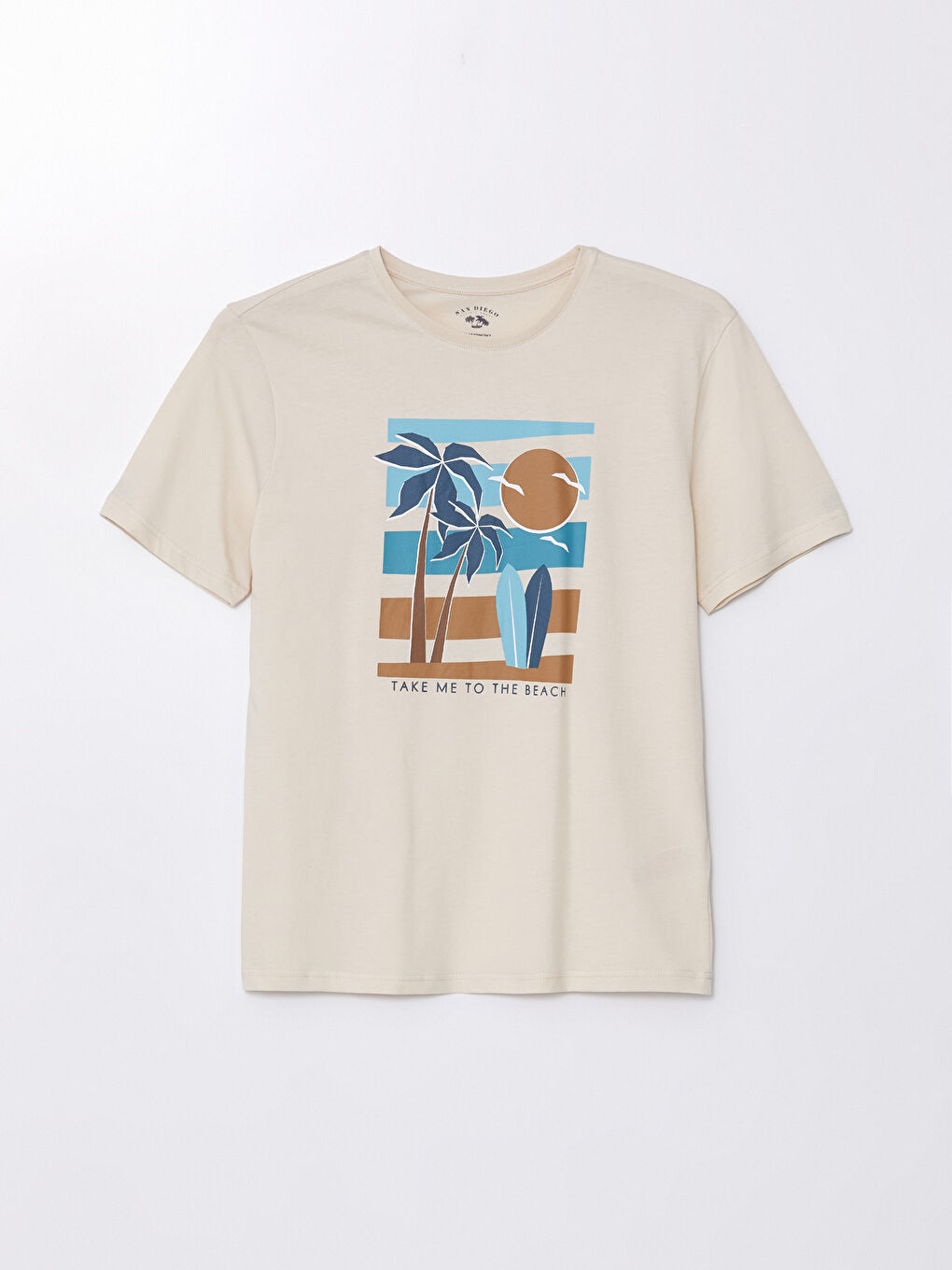 LC WAIKIKI Bej Bisiklet Yaka Baskılı Penye Erkek Pijama Üst
