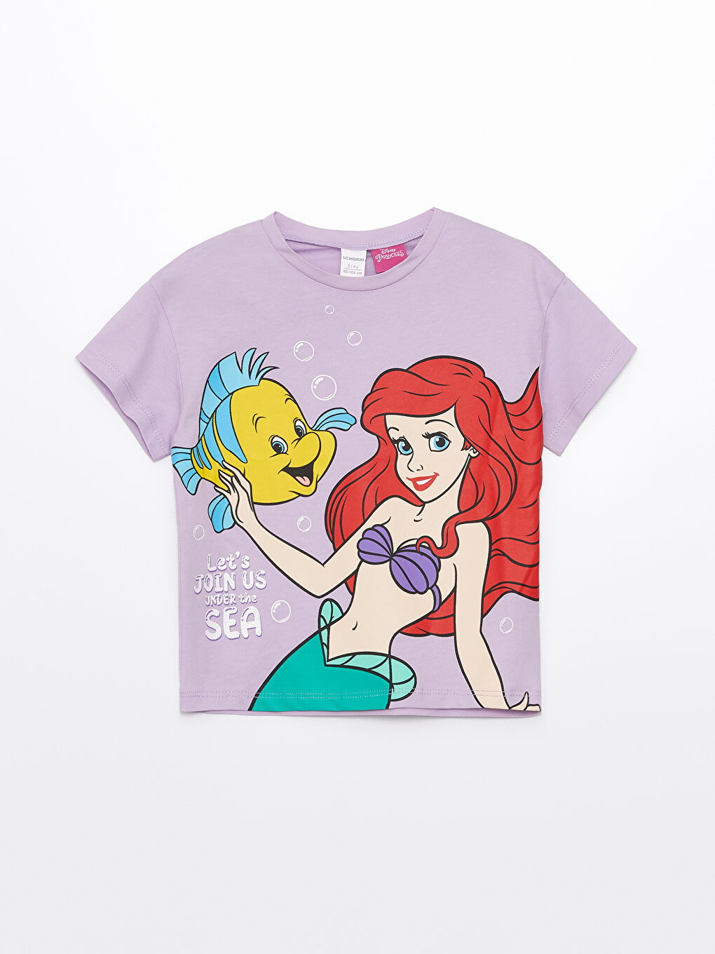 Lila Bisiklet Yaka Kısa Kollu Deniz Kızı Ariel Baskılı Kız Bebek Tişört