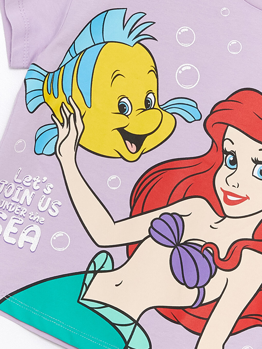 Lila Bisiklet Yaka Kısa Kollu Deniz Kızı Ariel Baskılı Kız Bebek Tişört-2