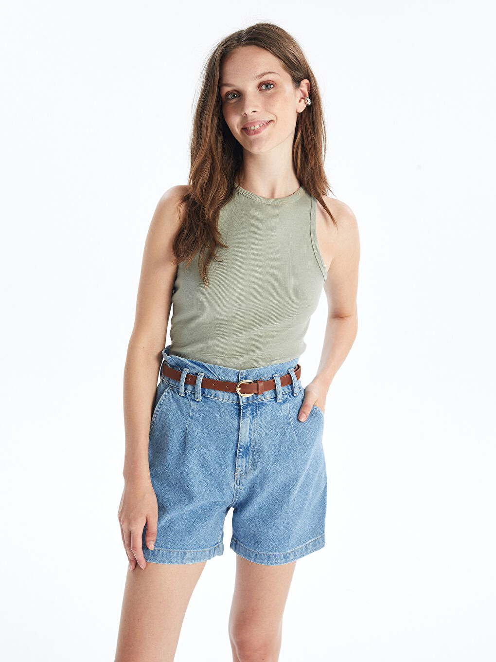 Comfortable Fit Women's Jean Shorts with Waist Belt -S4JF59Z8-311