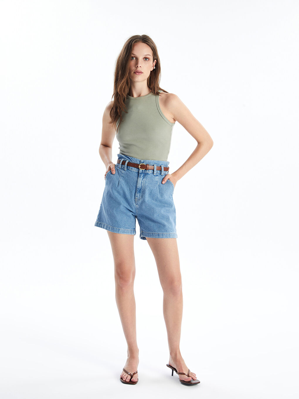 Comfortable Fit Women's Jean Shorts with Waist Belt -S4JF59Z8-311
