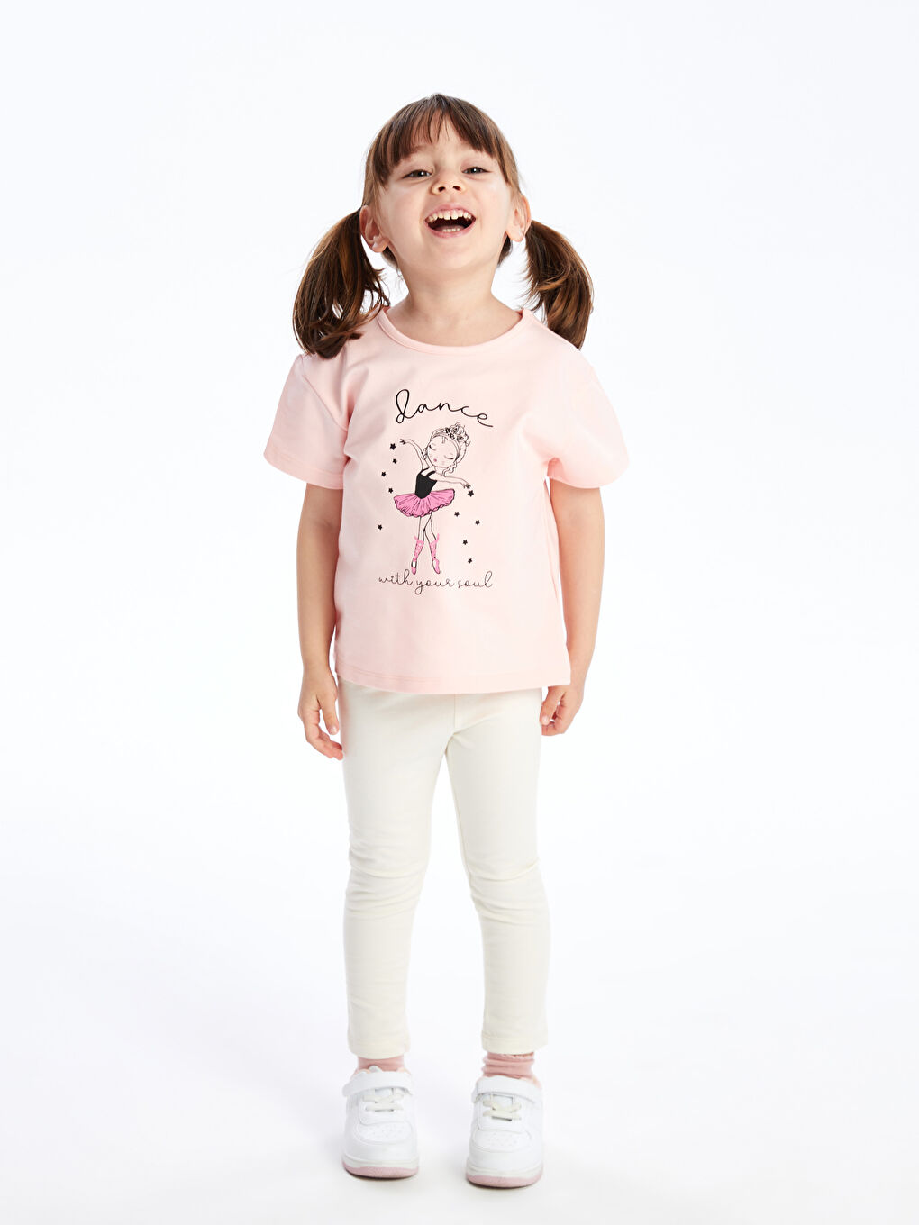 Pembe Bisiklet Yaka Kısa Kollu Baskılı Kız Bebek Tişört  ve Tayt 2'li Takım-1