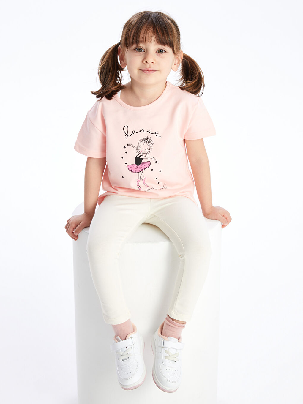 Pembe Bisiklet Yaka Kısa Kollu Baskılı Kız Bebek Tişört  ve Tayt 2'li Takım-2