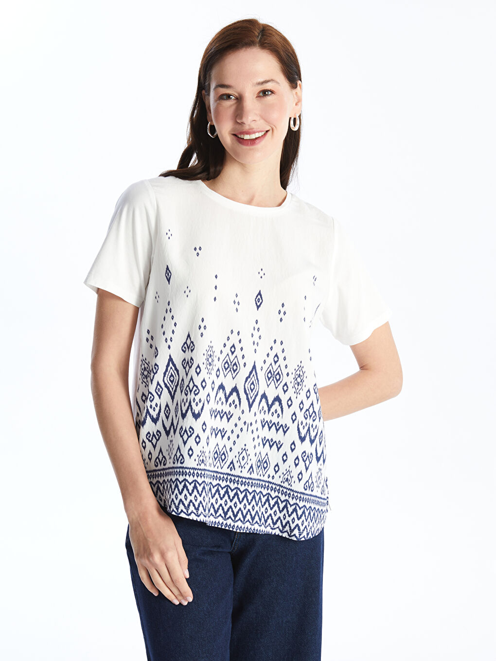 Crew Neck Printed Short Sleeve Women's Blouse -S4JG31Z8-FFB
