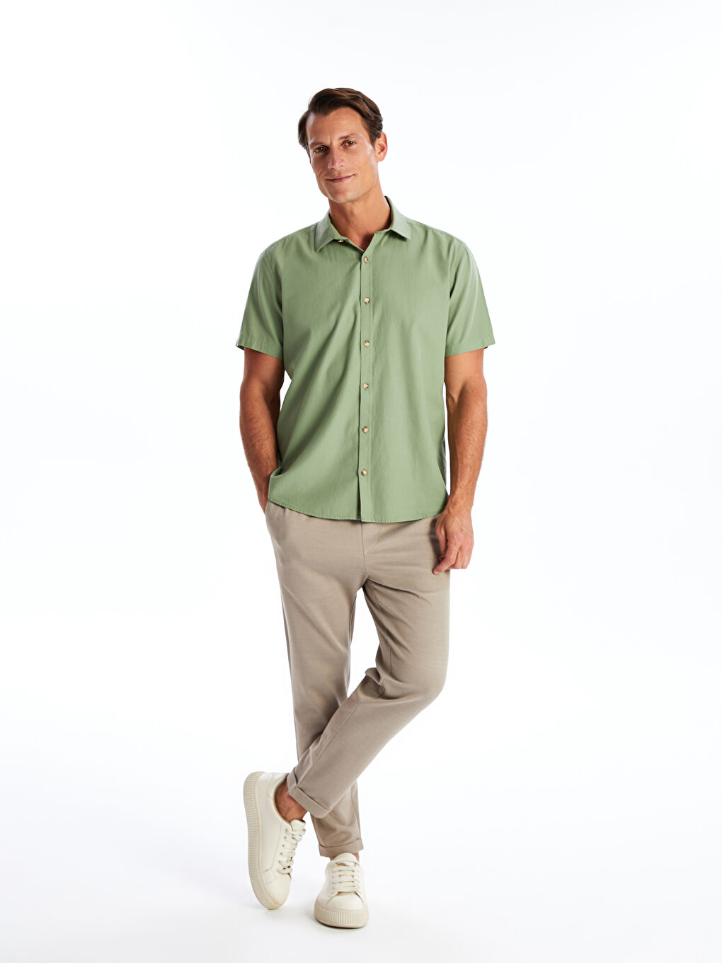 Yeşil Regular Fit Kısa Kollu Erkek Gömlek-1