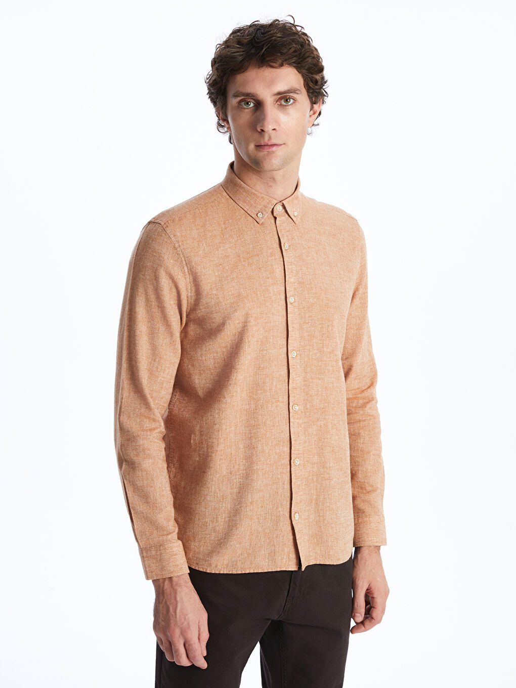 Kahverengi Slim Fit Uzun Kollu Keten Karışımlı Erkek Gömlek