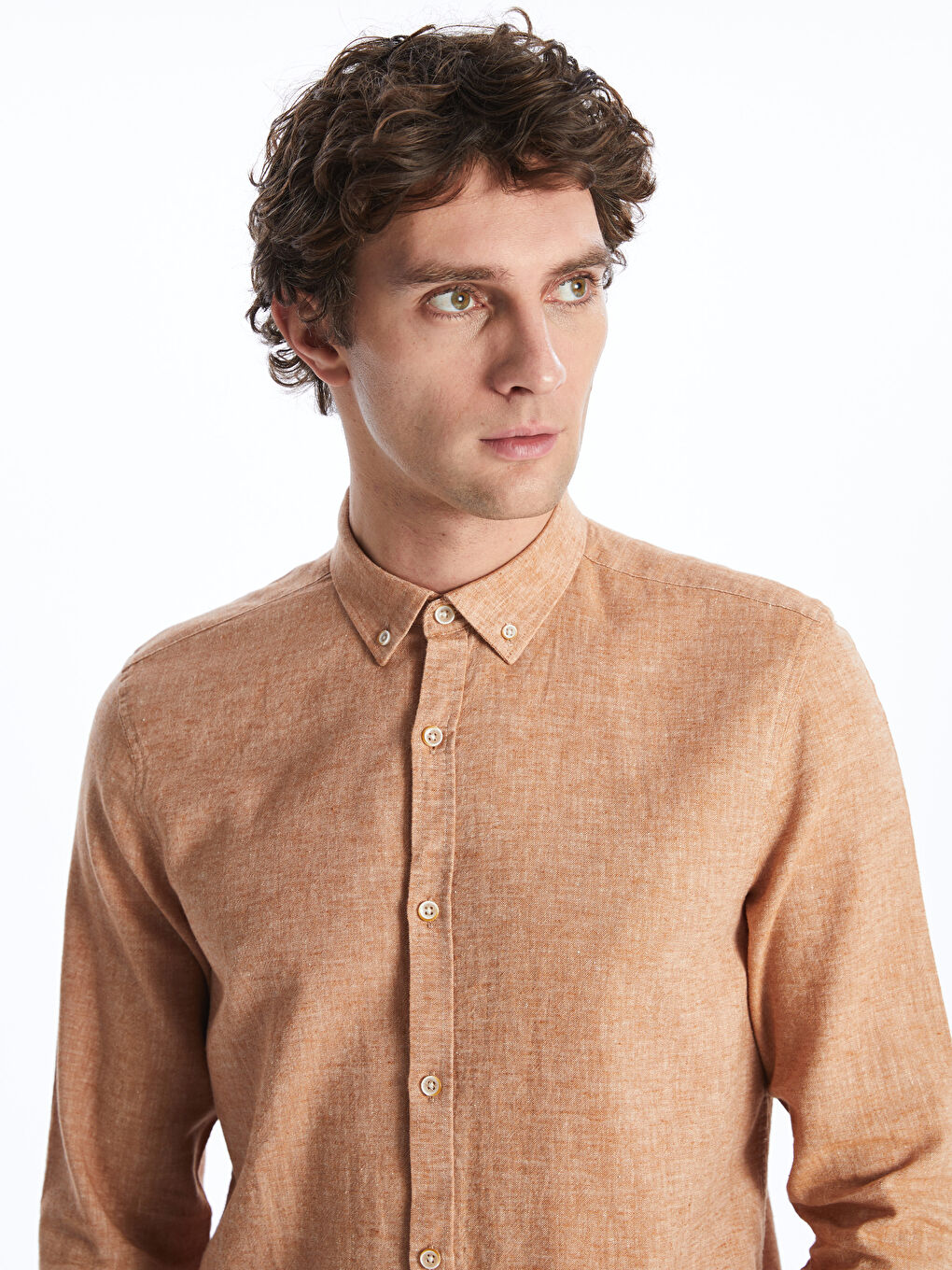 Kahverengi Slim Fit Uzun Kollu Keten Karışımlı Erkek Gömlek-1