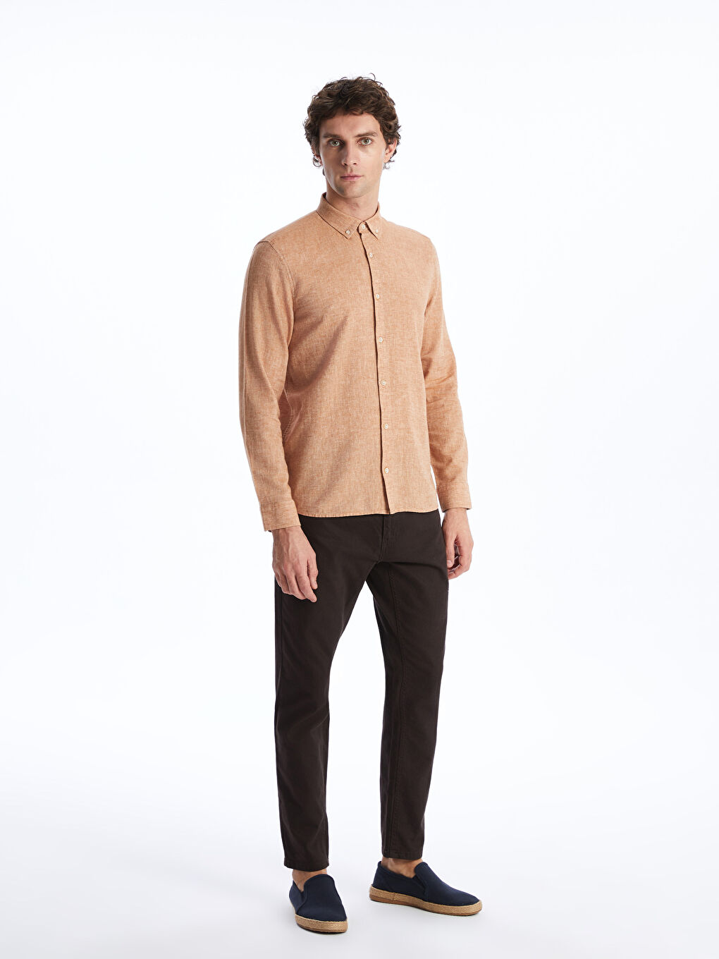 Kahverengi Slim Fit Uzun Kollu Keten Karışımlı Erkek Gömlek-2