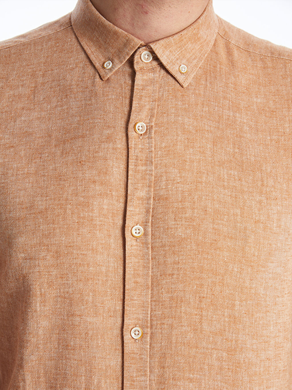 Kahverengi Slim Fit Uzun Kollu Keten Karışımlı Erkek Gömlek-3
