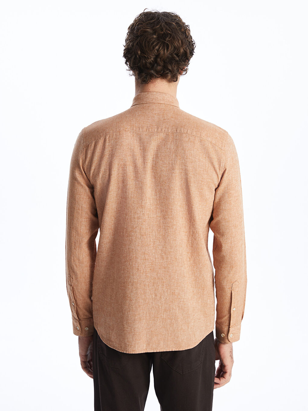 Kahverengi Slim Fit Uzun Kollu Keten Karışımlı Erkek Gömlek-4