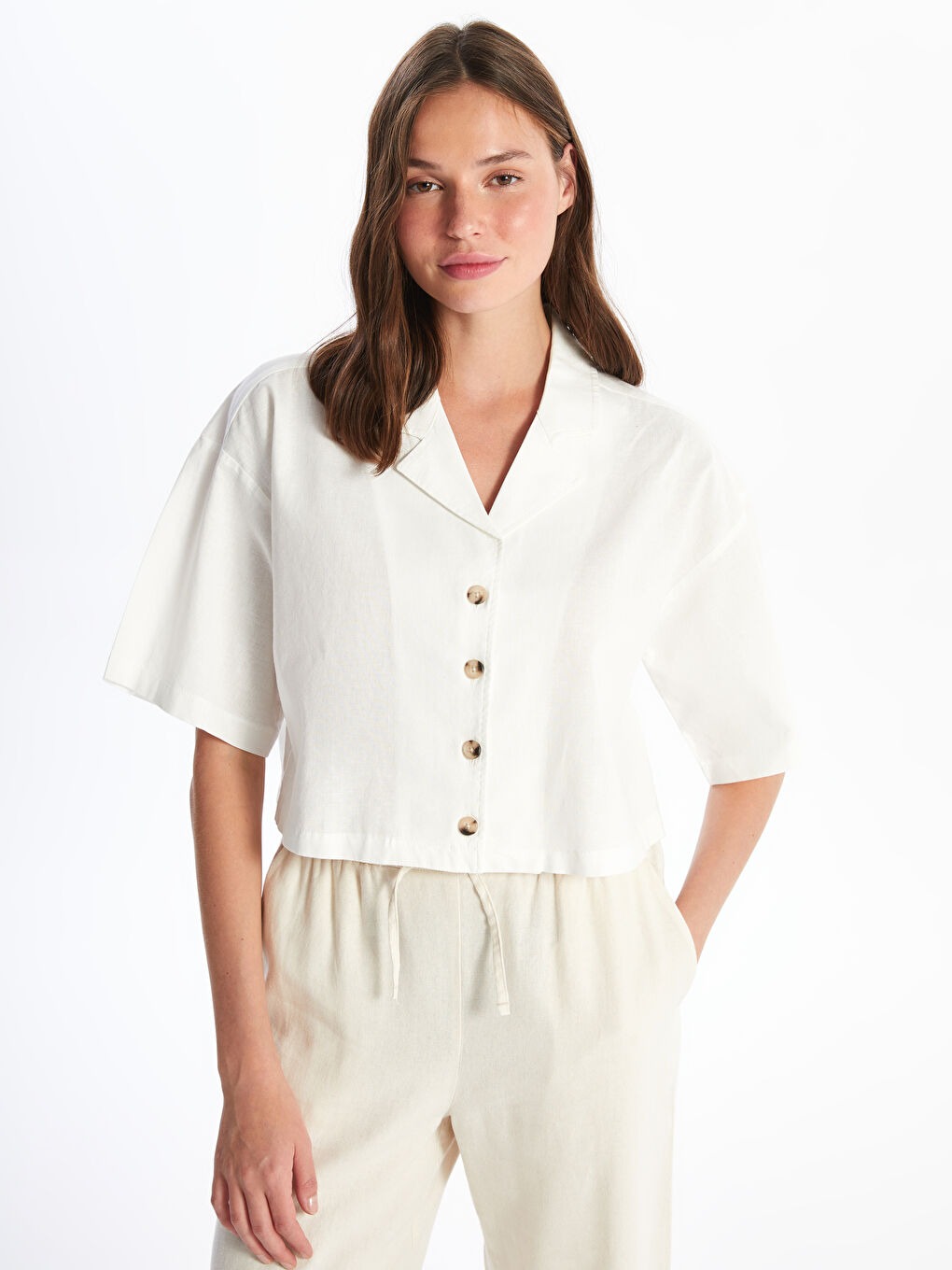 Straight Short Sleeve Crop Linen Blend Women's Shirt -S4JG92Z8-Q6K