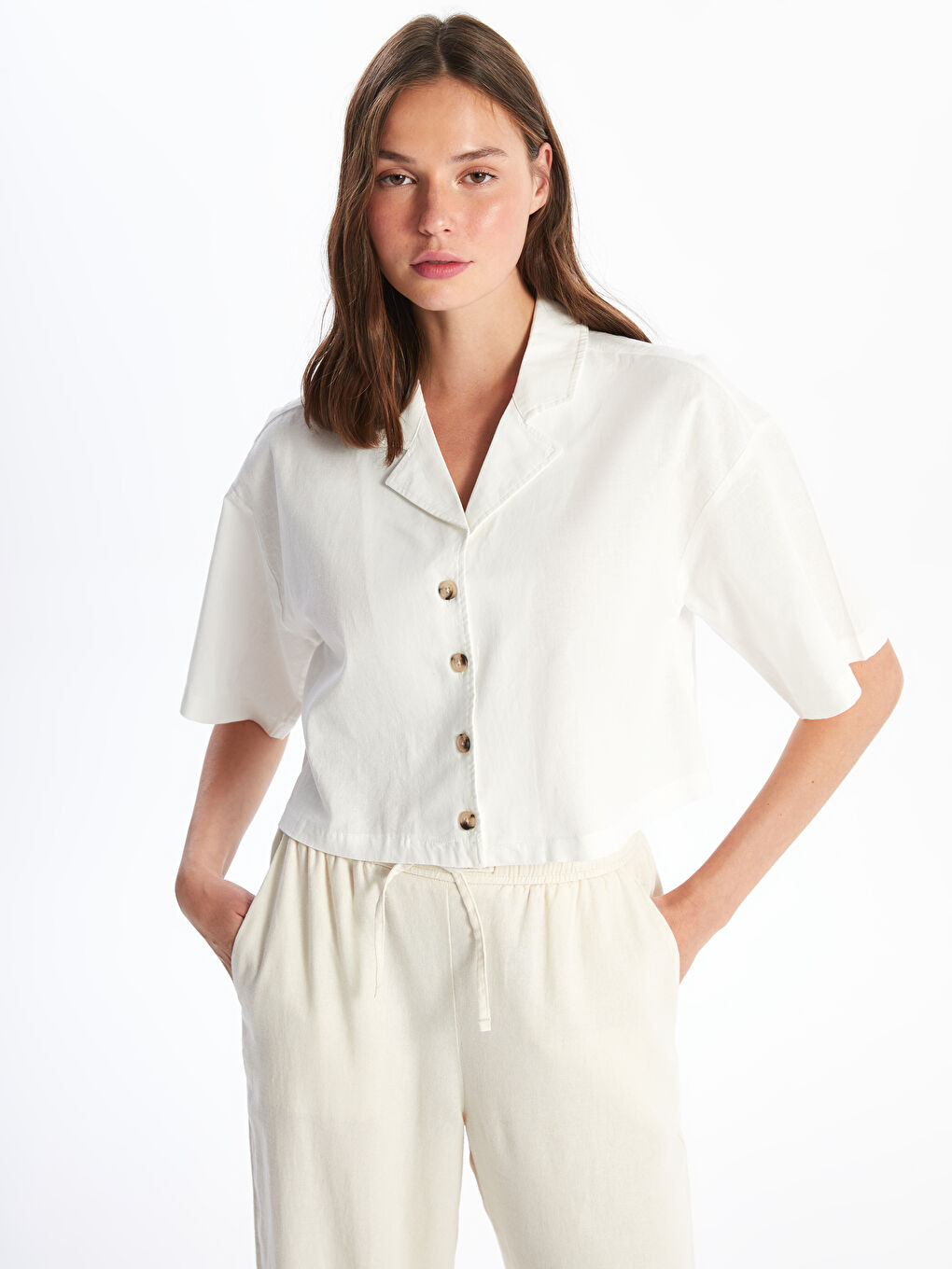 Straight Short Sleeve Crop Linen Blend Women's Shirt -S4JG92Z8-Q6K