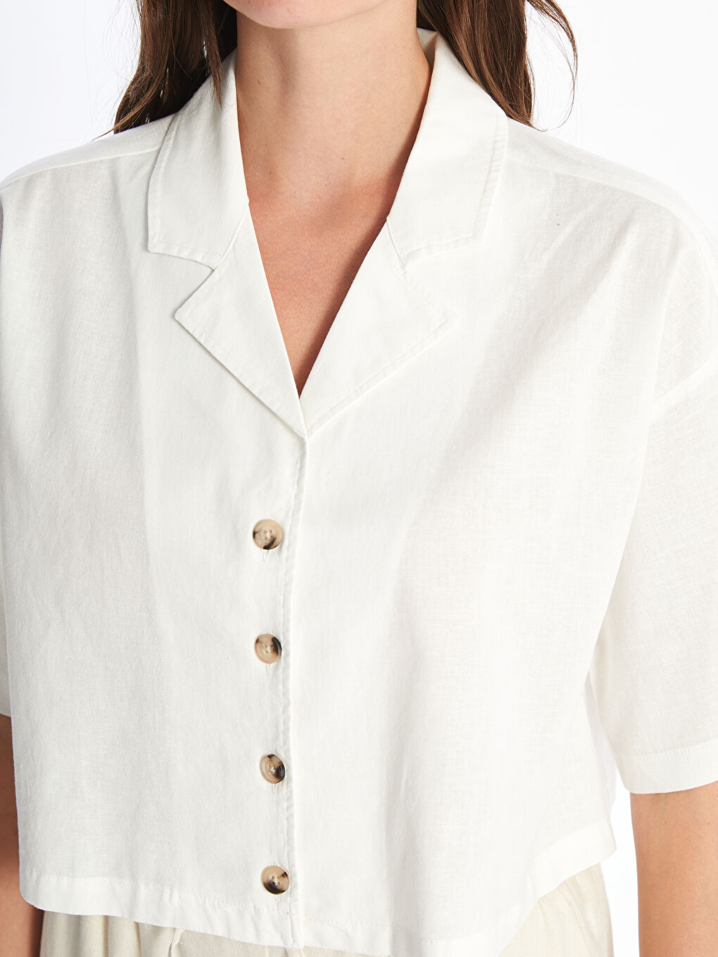 Straight Short Sleeve Crop Linen Blend Women's Shirt -S4JG92Z8-Q6K