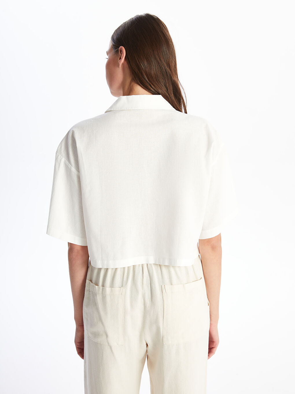Straight Short Sleeve Crop Linen Blend Women's Shirt -S4JG92Z8-Q6K