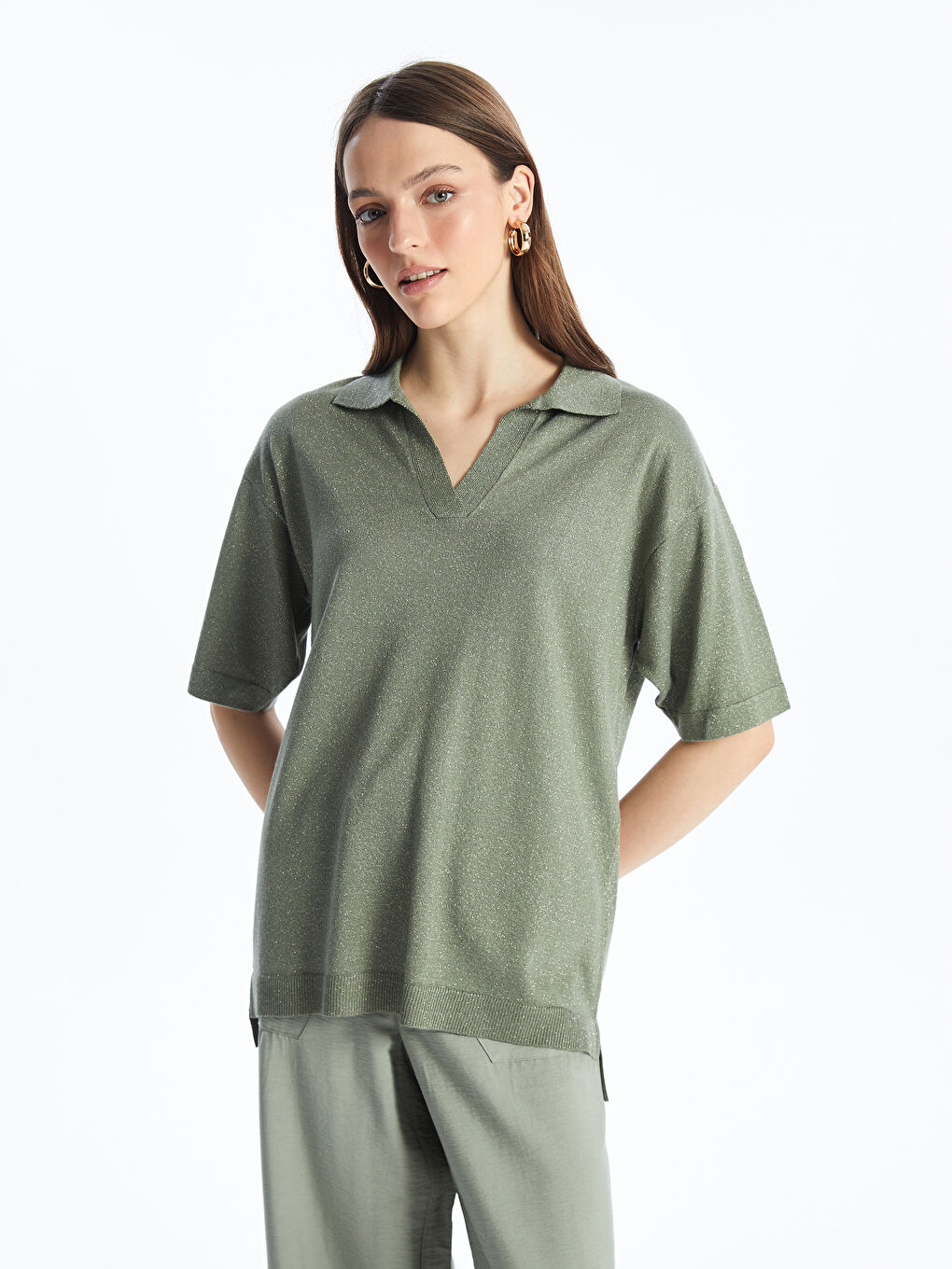 Polo Neck Bright Look Short Sleeve Women's Knitwear Sweater -S4JH07Z8-GBB