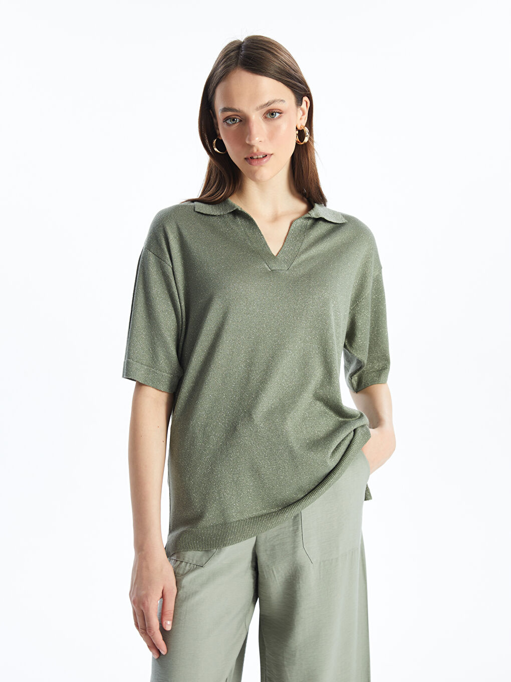 Polo Neck Bright Look Short Sleeve Women's Knitwear Sweater -S4JH07Z8-GBB