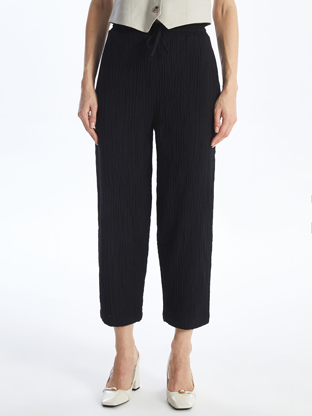 Siyah Beli Lastikli Rahat Kalıp Kadın Pantolon-2