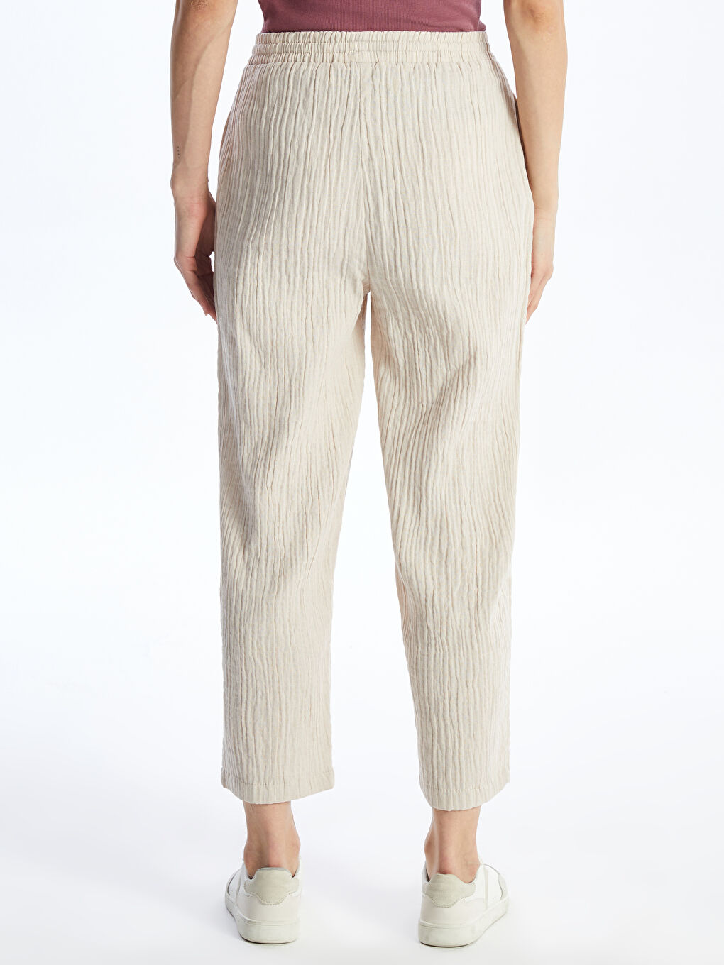 Bej Beli Lastikli Rahat Kalıp Kadın Pantolon-4