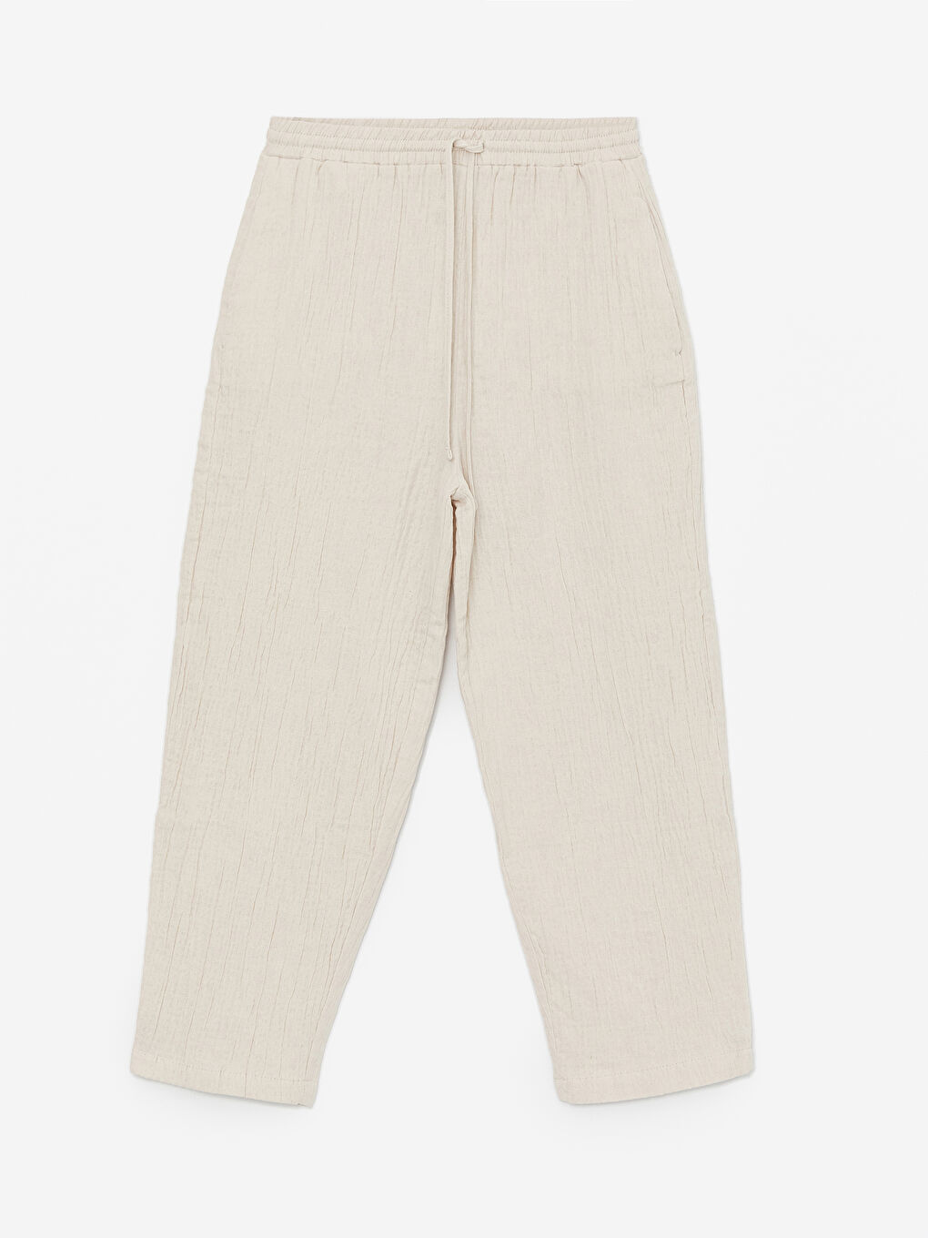 Bej Beli Lastikli Rahat Kalıp Kadın Pantolon-5