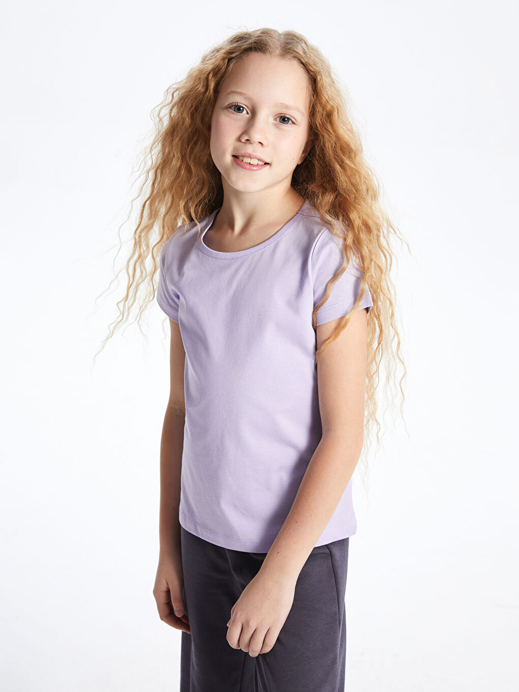 Lila Bisiklet Yaka Basic Kısa Kollu Kız Çocuk Tişört-1