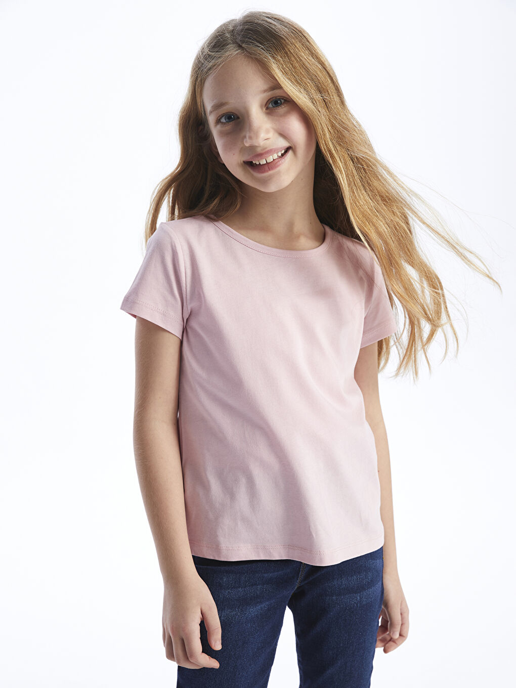 Pembe Bisiklet Yaka Basic Kısa Kollu Kız Çocuk Tişört