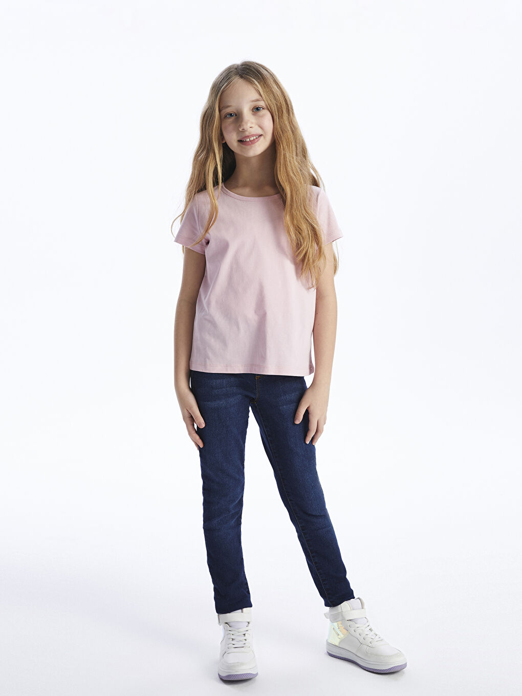 Pembe Bisiklet Yaka Basic Kısa Kollu Kız Çocuk Tişört-1