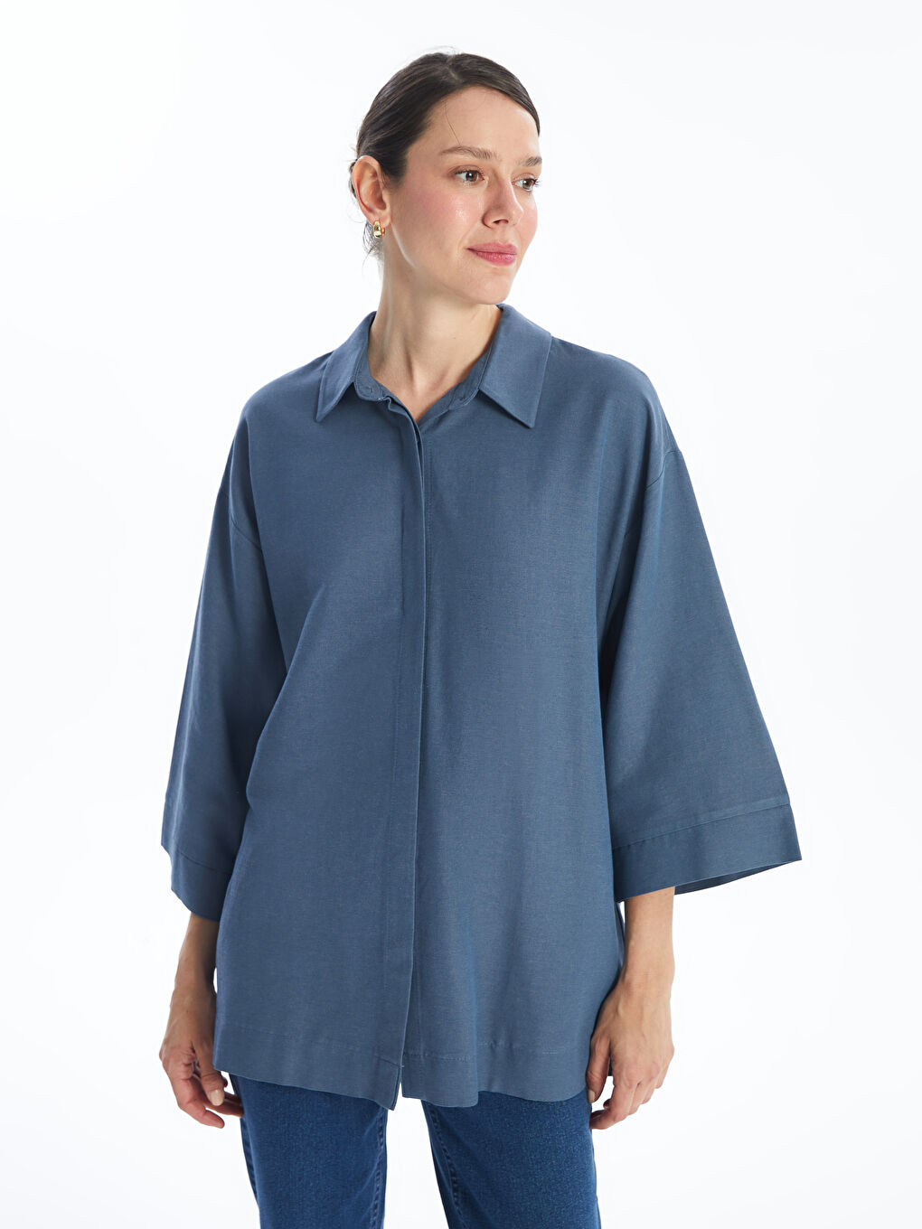 LCWAIKIKI Classic Mat Mavi Düz Oversize Poplin Kadın Gömlek