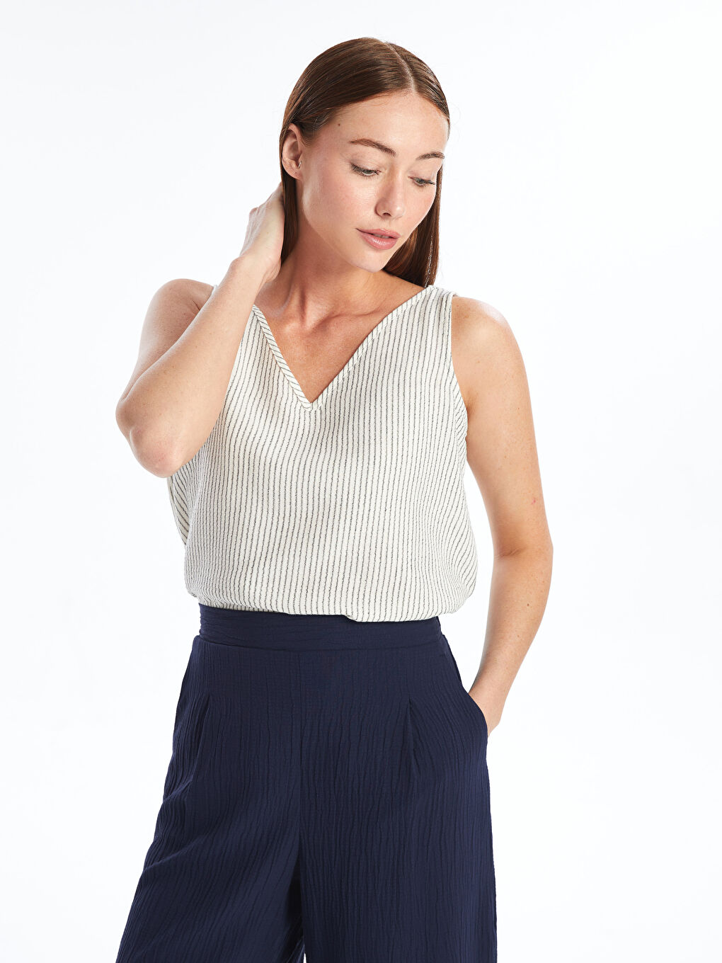 V-Neck Striped Women's Blouse -S4JJ20Z8-LEG