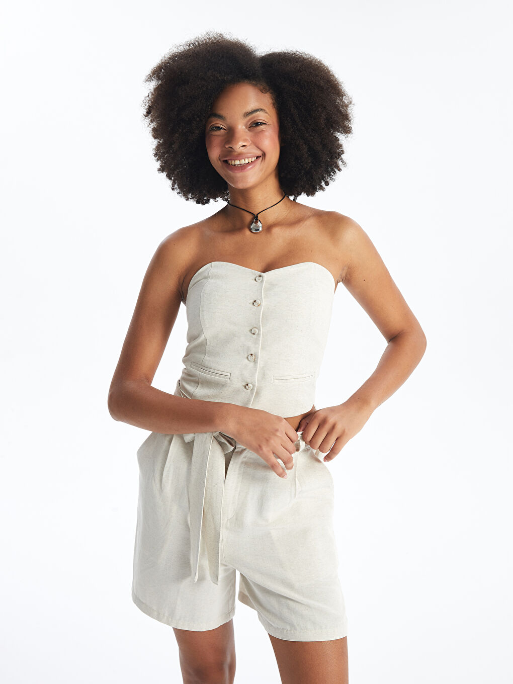 Strapless Plain Linen Blend Crop Women's Blouse -S4JJ40Z8-VHM