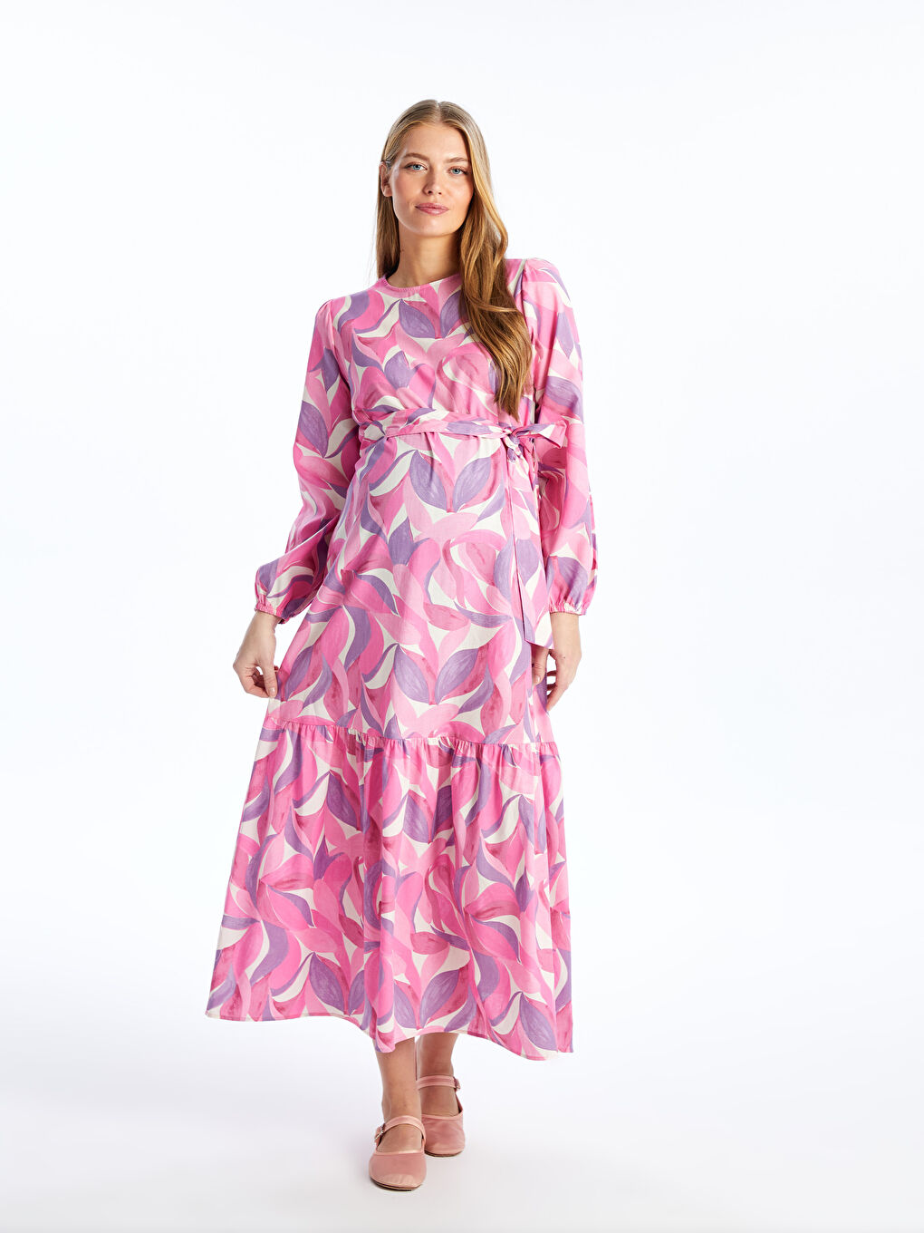 Crew Neck Patterned Long Sleeve Maternity Dress -S4JJ60Z8-LT9
