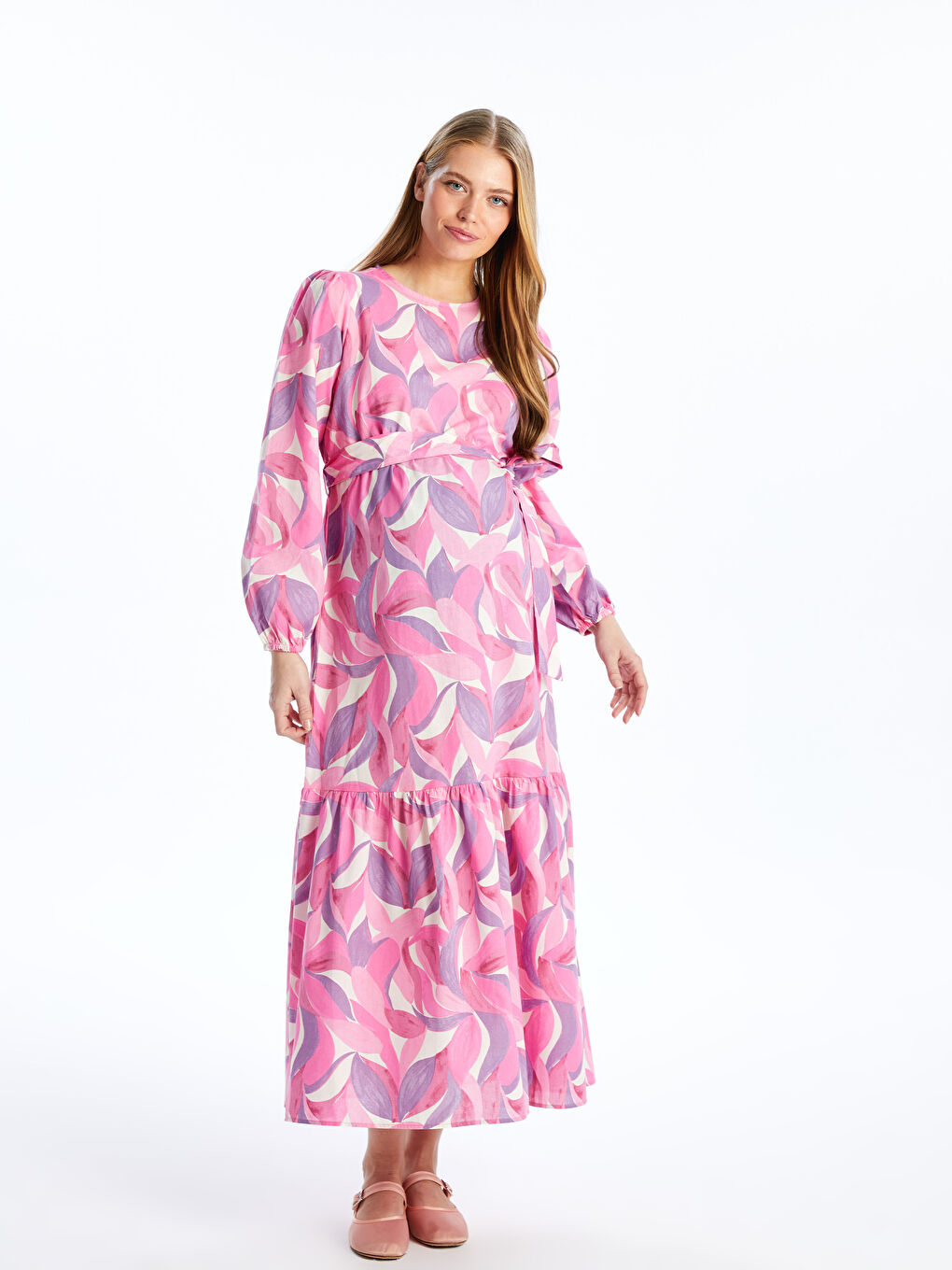 Crew Neck Patterned Long Sleeve Maternity Dress -S4JJ60Z8-LT9