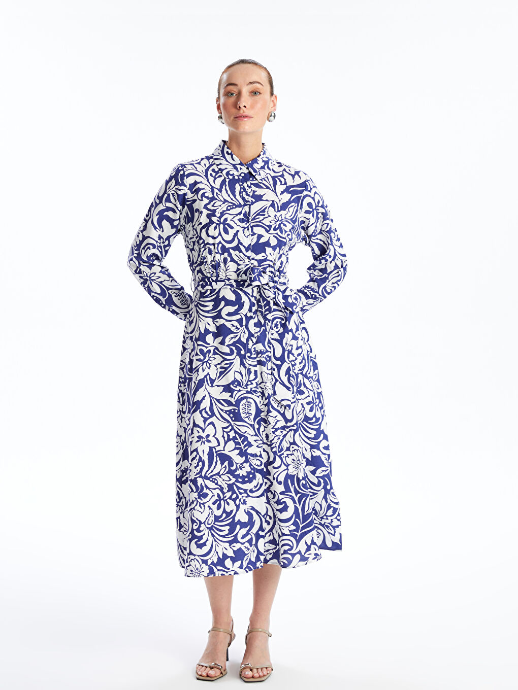 Patterned Long Sleeve Women's Shirt Dress-1