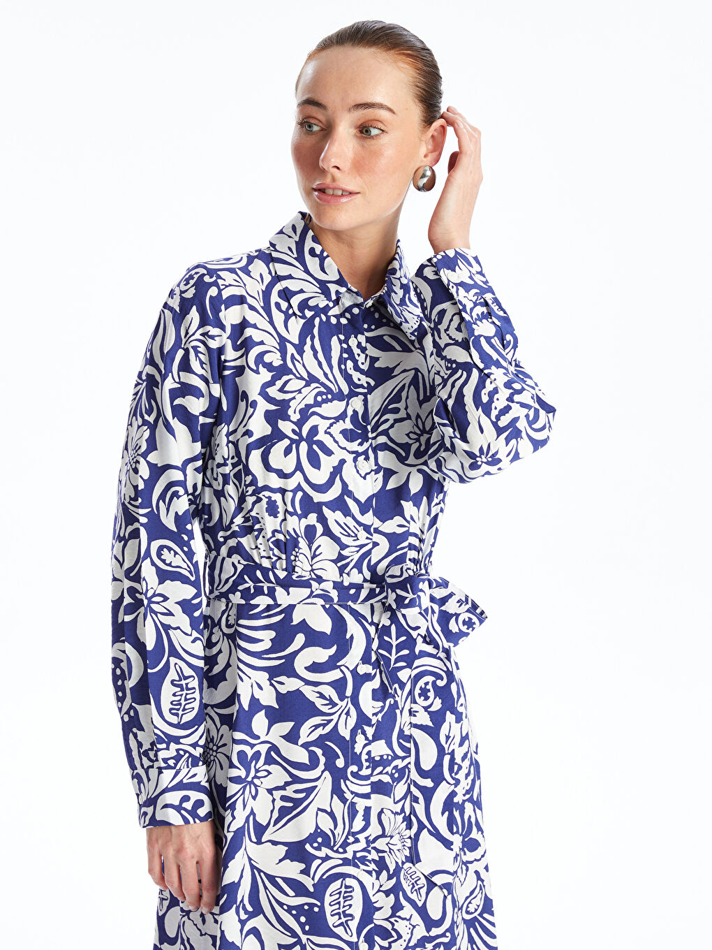 Patterned Long Sleeve Women's Shirt Dress-2