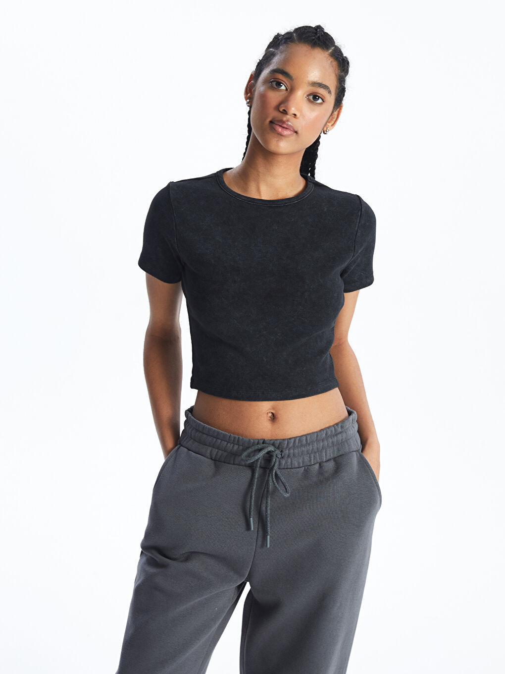 Crew Neck Straight Short Sleeve Women's Crop -S4JK41Z8-VDL
